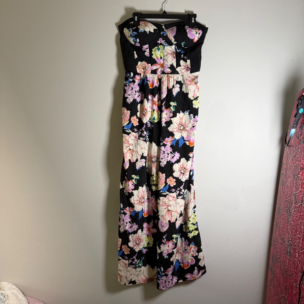 Band of Gypsies Womens Large Floral Strapless Bustier Wide Leg Jumpsuit Black L